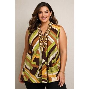 Michael Kors 1X Geometric Print Sleeveless Blouse Olive Brown Mod Tunic Top